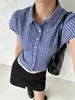 Fornecimento Exclusivo Transfronteiriço 2026 Camisa Curta de Xadrez Azul para Mulheres com Gola Boneca, Mangas Bufantes e Top Xadrez Acinturado
