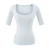 M1103-26 Camiseta básica de punto de manga media lisa ajustada estilo coreano de verano con cuello cuadrado
