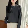 Camiseta Base de Punto Fino Color Sólido Jacquard Pesado Cruzado para Mujer Primavera Otoño 2026 Nuevo Cuello Redondo Versátil Lana Hombro Descubierto