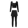 Conjunto de Yoga da Moda para Mulheres com Decote Quadrado, Temperamento, Manga Longa, Calça Falsa de Duas Peças, Sensação Nua, Roupa Esportiva para Pilates, Conjunto de Duas Peças Feminino Outono