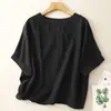 Foto Real Verão 2026 Cor Sólida Feminina Vintage Gola Redonda Manga Curta Camisa Preto Algodão Linho Camiseta Blusa Artística