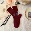 Meias de Lã para Mulheres, Meias de Cano Médio com Desenhos de Animais, Meias Folgadas Doces e Fofas, Espessadas para o Inverno, Meias Quentes Cor Vinho