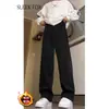 Pantalones rectos holgados de talla grande en color negro para hombre, forrados de polar, gruesos, con caída, adelgazantes, estilo traje, pantalones estilo universitario para hombre