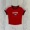 Camiseta de Manga Corta con Bloques de Color Estilo Americano Bordado de Letras Retro Nueva Ajustada Corta para Mujer Cuello Redondo