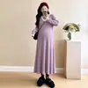 Moda Gestante outono e inverno novo estilo vestido de tricô espesso gola V com renda nas emendas cobertura de suporte para a barriga afina a silhueta vestido longo evasê