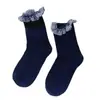 Meias de Cano Médio Doces e Fofas para Meninas, Estampadas com Renda, Xadrez e Laços, Populares Meias Longas Azul Marinho