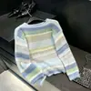 Suéter de mohair con rayas de color degradado teñido anudado para mujer, otoño e invierno, top de punto casual y acogedor con un ambiente cálido