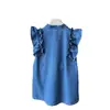 Vestido Sem Manga Estilo Chinês Novo Estilo Verão 2026 para Meninas com Bordas Franzidas, Vestido Jeans Bebê Estilo Hanfu com Fechamento por Botão