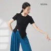 Figurino de dança clássica, camiseta feminina de manga longa slim fit com gola redonda e acabamento franzido, com fenda, adequada para dança moderna