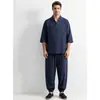Traje de Linho de Algodão Estilo Chinês para Homens para Comércio Exterior de 2026, Conjunto de Duas Peças com Camiseta de Manga Curta Solta com Decote V e Calças Longas no Estilo Antigo Hanfu de Verão