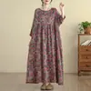 Em Estoque Foto Real Manga Longa Plus Size Vestível 150kg Vintage Versátil Estampa Digital Rejuvenescedor Longo Vestido de Algodão e Linho