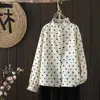 Camisa de Manga Larga de Algodón y Lino Holgada de Lunares Nueva para Mujer Primavera y Otoño Versátil Sencilla