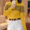 Suéter de Tricô Jacquard com Diamantes Novo para Outono/Inverno 2026, Gola Alta com Fechamento Meio Botão, Blusa Pulôver Slim e Moderna
