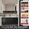 Nuevo estilo moderno de mediados de siglo, diseño de lujo ligero, mueble de baño multicapa de madera maciza negra con lavabo de cerámica integrado y espejo inteligente