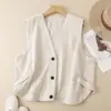 Foto Real Chaleco Mujer 2026 Otoño Nuevo Algodón Lino Para Superponer Muy Bonito Chaleco Corto Elegante Cuello en V Sin Mangas Chaleco