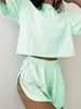 Amazon Transfronterizo Verano 2025 Conjunto de Dos Piezas Simple y Cómodo de Pantalones Cortos de Manga Corta Rayados con Cintura Elástica para Mujer