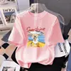 Camiseta de Manga Corta de Algodón Puro para Niñas Verano Nuevo Estilo Dibujos Animados Casual Versátil Top de Media Manga para Niños Medianos y Grandes