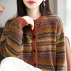 Casaco Cardigan Tricô Grosso Jacquard Vintage Gola Redonda para Mulheres, Suéter Estiloso e Juvenil, Suéter Fair Isle