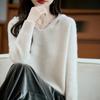 Listo para Usar de Primera Línea 100% Lana Cuello en V Engrosado Punto de Osmanthus Holgado Sudadera con Capucha para Mujer Otoño e Invierno Casual Versátil Suéter Sin Costuras
