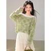 Novo suéter de malha de outono para mulheres, novo estilo, corte casual solto, blusa de tricô vazada, ombro a ombro, verde