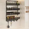 Prateleira de Armazenamento de Temperos de Parede Ultranarrow para Cozinha Sem Furos, Suporte Organizador de Garrafas de Condimentos Multicamadas de Ferro com Gancho para Espátula