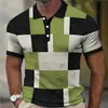 Camisa Polo Europeia e Americana Masculina Transfronteiriça Tendência com Estampa Digital 3D, Bloqueio de Cor Xadrez, Manga Curta, Colarinho Cuban