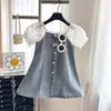 Vestido de Mezclilla para Niña Verano Nuevo Estilo Encaje Manga Abullonada Vestido de Princesa Niña Pequeña Estilo Coreano Casual Vestido Infantil Dropshipping