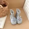 Botas de Moda para Meninas Outono Inverno Novas Botas Curtas Infantis Laço com Strass Prateado Estilo Princesa Bebê Botas Martin Modernas