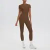 En Stock Camiseta Deportiva de Color Sólido con Sensación de Piel Desnuda Europea y Americana Top Cubre-todo Manga Corta Pantalones Largos Pantalones de Running Fitness Conjunto de Ropa de Yoga