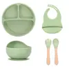 Nuevo Plato de Silicona de Grado Alimenticio para Bebés, Resistente a Caídas, con Ventosa, Tenedor, Cuchara, Babero, Taza, Juego de Seis Piezas para Niños, Vajilla
