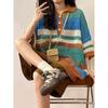 Polo Retro de Punto Hueco de Manga Corta Estilo Americano para Hombre Verano Moda Marca High Street Rayado Lull Camiseta de Media Manga para Pareja