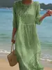 (Cintura ceñida) Vestido largo casual versátil para mujer con estampado 3D estilo resort y cuello redondo
