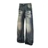 Jia Yi Ku 26 Nuevos Pantalones de Pierna Curva Estilo Americano Jeans Lavados Vintage con Patrón de Bambú Único Pantalones Anchos Sueltos para Hombres y Mujeres