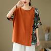 Amazon Transfronterizo Primavera y Verano Talla Grande Holgado Chica Gordita Temperamento Casual Artístico Retro Manga Corta Algodón y Lino Camiseta Top