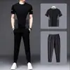 Conjunto Esportivo Casual de Seda de Gelo Masculino Verão Masculino Outdoor Gola Redonda Manga Curta Fino Elástico Respirável Conjunto de Duas Peças