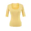 Camiseta de Color Sólido con Borde Deshilachado, Cuello en U de Manga Media, Estilo Puro Deseo, Nuevo Top Básico Versátil de Color Sólido Ajustado Favorecedor para Primavera/Verano