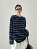 Chuwu STUDIO Cárdigan de Lana Seda Tencel Otoño Invierno Bloque de Color Retro Raya Manga Larga Tejido de Punto Mujer