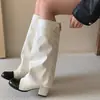 Botas de tacón grueso estilo Chanel, bota de campana, para mujer, botas de montar, color block, tacón alto, botas largas, pantorrilla ancha, no por encima de la rodilla, botas altas, versátiles