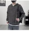 Jaqueta suéter com zíper listrada estilo faculdade, solta e casual, estilo coreano para homens, cardigã de tricô com capuz macio e aconchegante para outono e inverno, espessado