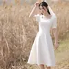 Vestido de Novia Ligero de Satén, Vestido Sencillo de Verano Estilo Francés para Mujeres Bajitas, Vestido Blanco para Registro de Matrimonio, Vestido de Compromiso, Vestido Blanco de Cóctel para Mujeres