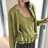 Enviado~ Nuevo conjunto de camisola ajustada de punto con cuello en V + cárdigan de punto para otoño e invierno para mujer