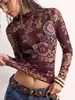 Camiseta europea y americana transfronteriza de Amazon 2026 nuevo estampado floral vintage top de malla de manga larga ajustado para mujer