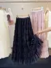 Falda larga de malla abullonada estilo suave para mujer, otoño, cintura alta, fluida, holgada, plisada, línea A, estilo pastel
