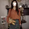 Camisa Retro Francesa Cor Abóbora para Mulheres no Início da Primavera, Nova Camisa de Botões Duplos com Elegante Top Interno de Manga Longa