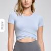 Roupa de Yoga Slim Plissada Cruzada Camiseta Esportiva Justa de Manga Curta Sexy Barriga de Fora Look Emagrecedor Top de Fitness para Pilates