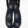 Calça Jeans Patchwork Distressed Wasteland com Foice Masculina Design de Nicho Marca Tendência Perna Larga Longa Desbotada Lavada