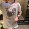 200g Algodón Puro Verano Nuevo Pedrería Resistente Cabeza de Mickey Letra Trendy Ins Camiseta Holgada de Manga Corta de Largo Medio para Mujer