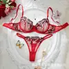 Conjunto de lencería de malla transparente bordado con mariposas rojas, con sujetador push-up y tanga, se vende en cantidades al por mayor