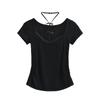Camiseta de manga corta con cuello cuadrado, sexy, ajustada, con ribete de encaje, estilo chica sexy de verano para mujer, top con lazo