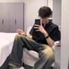 Playera de Media Cremallera con Hombrera para Hombre cleanfit Pesada Manga Corta Estilo Americano High Street Diseño con Remaches Sentido Suelto Top T para Hombre